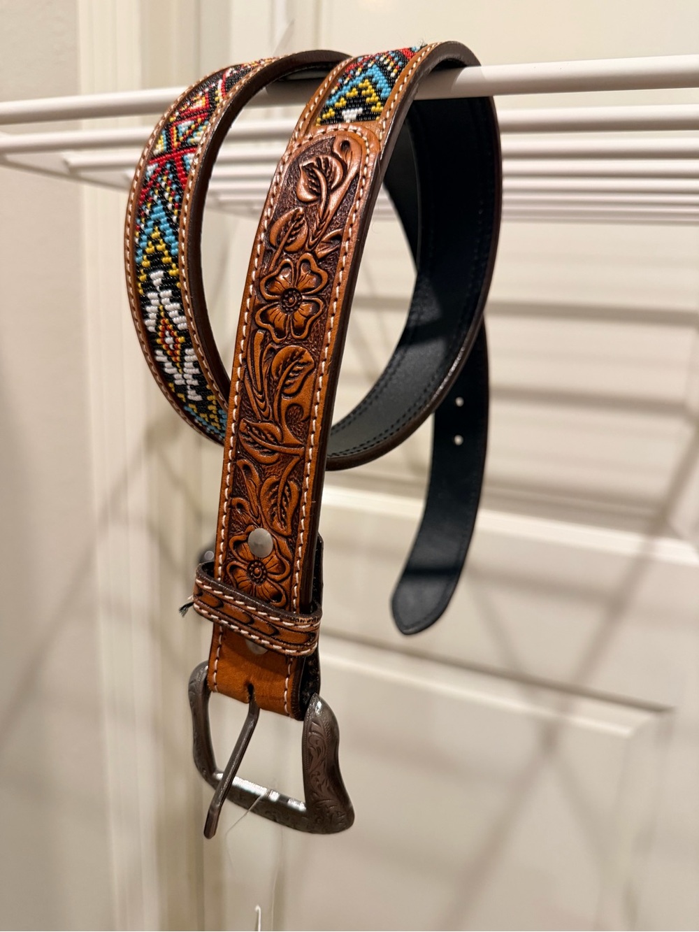 Tooled Leather Belt with Multicolor Beaded Accent - Brown